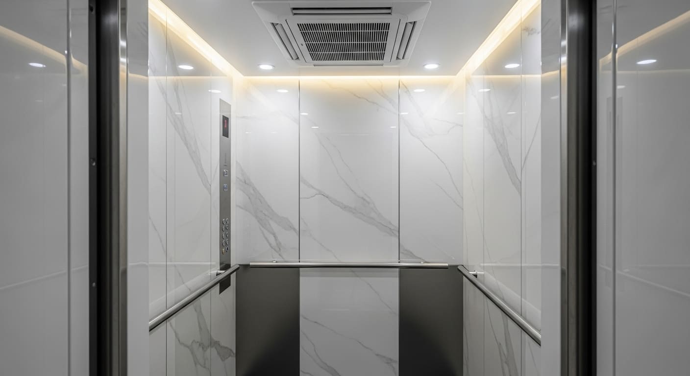 Cabin thang máy ốp đá marble cao cấp với hệ thống điều hòa riêng
