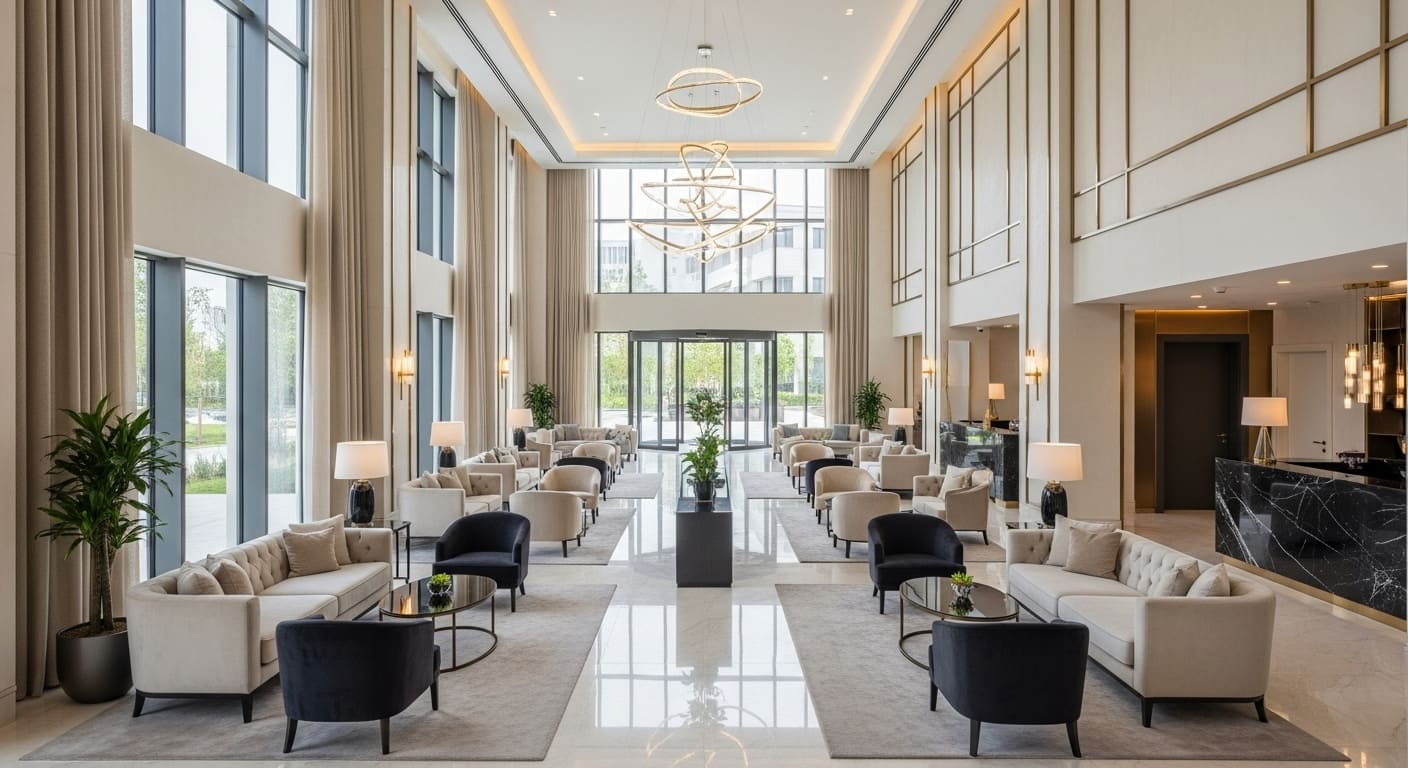 Không gian sảnh đón sang trọng của Sun Feliza Suites với thiết kế hiện đại, tạo ấn tượng đầu tiên cho cộng đồng giới thành đạt
