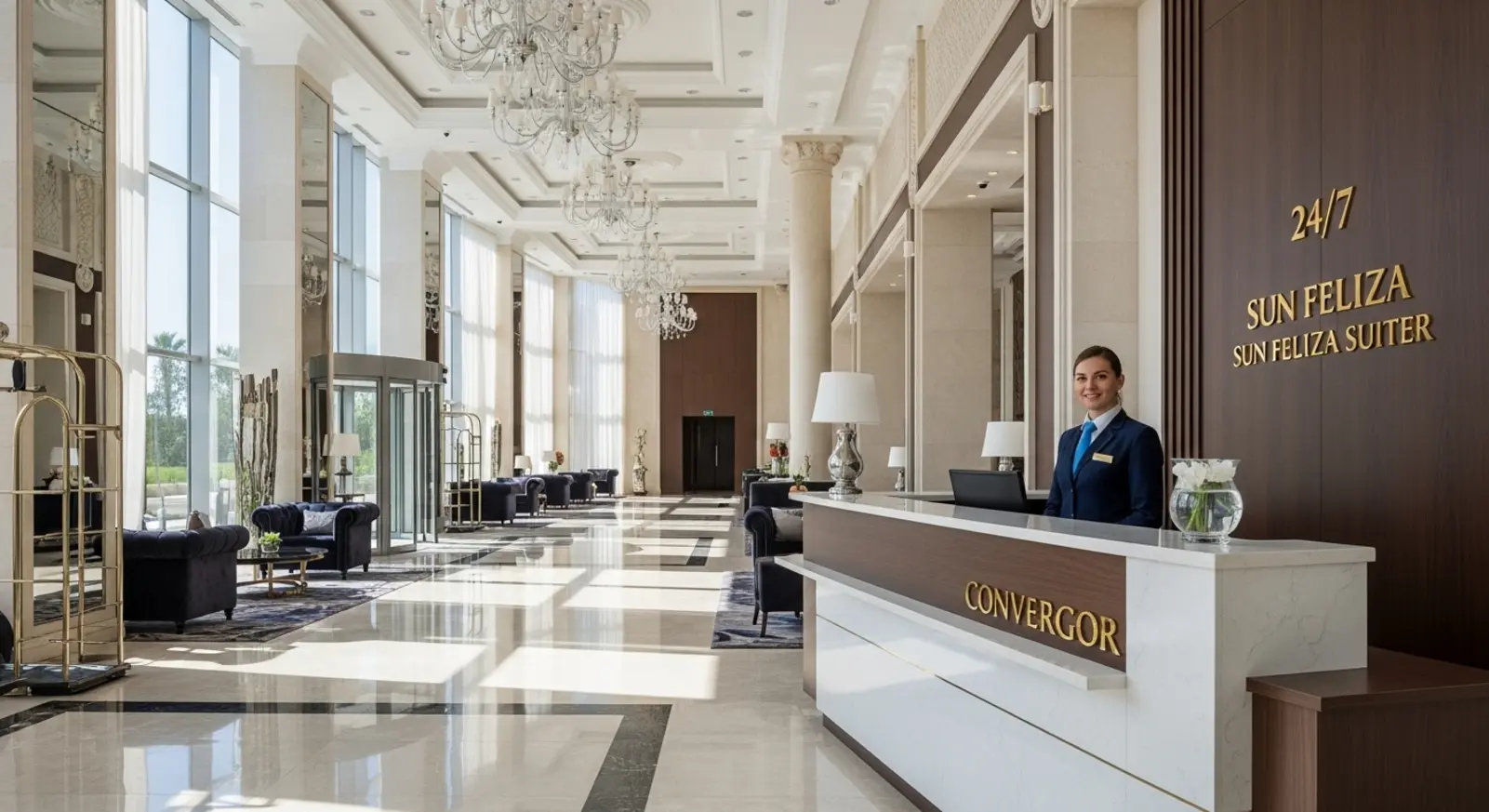Sảnh đón sang trọng với dịch vụ concierge 24/7 tại Sun Feliza Suites