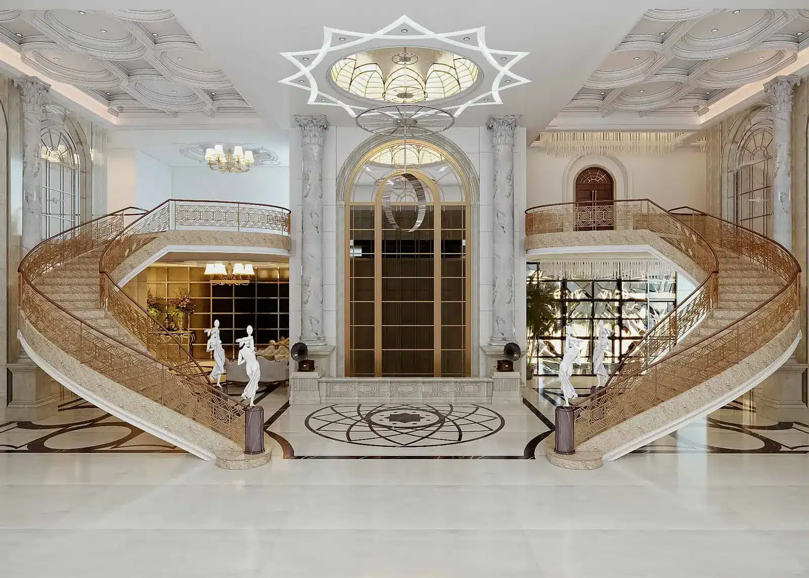 Sảnh thang máy rộng rãi với thiết kế đá marble sang trọng