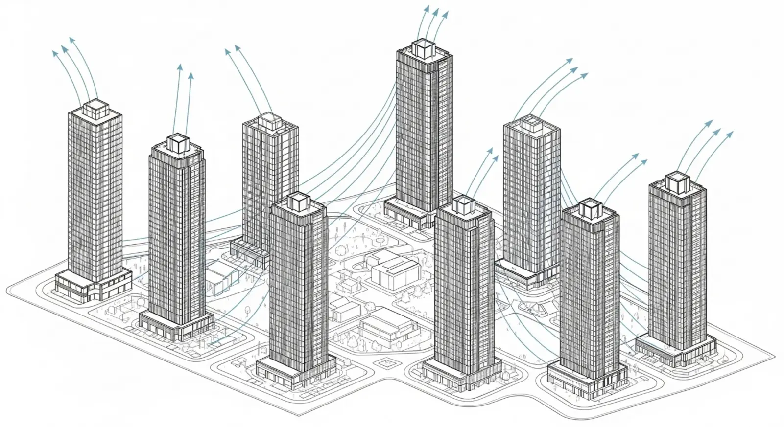 Sơ đồ bố trí các tòa tháp với khoảng cách khoa học đảm bảo thông gió và riêng tư