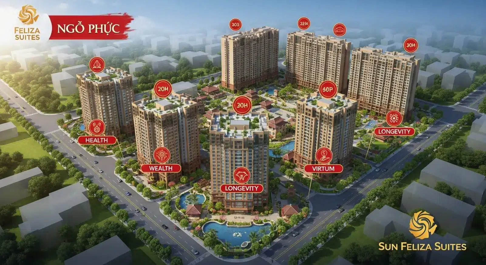 Sơ đồ phân bố 5 tòa tháp theo triết lý Ngũ Phúc tại Sun Feliza Suites