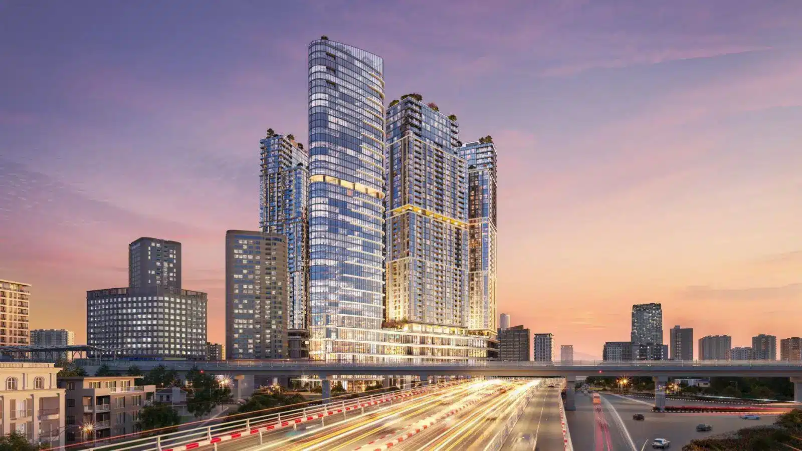 Toàn cảnh Sun Feliza Suites với 5 tòa tháp bao quanh khu vườn trung tâm theo concept Ngũ Phúc