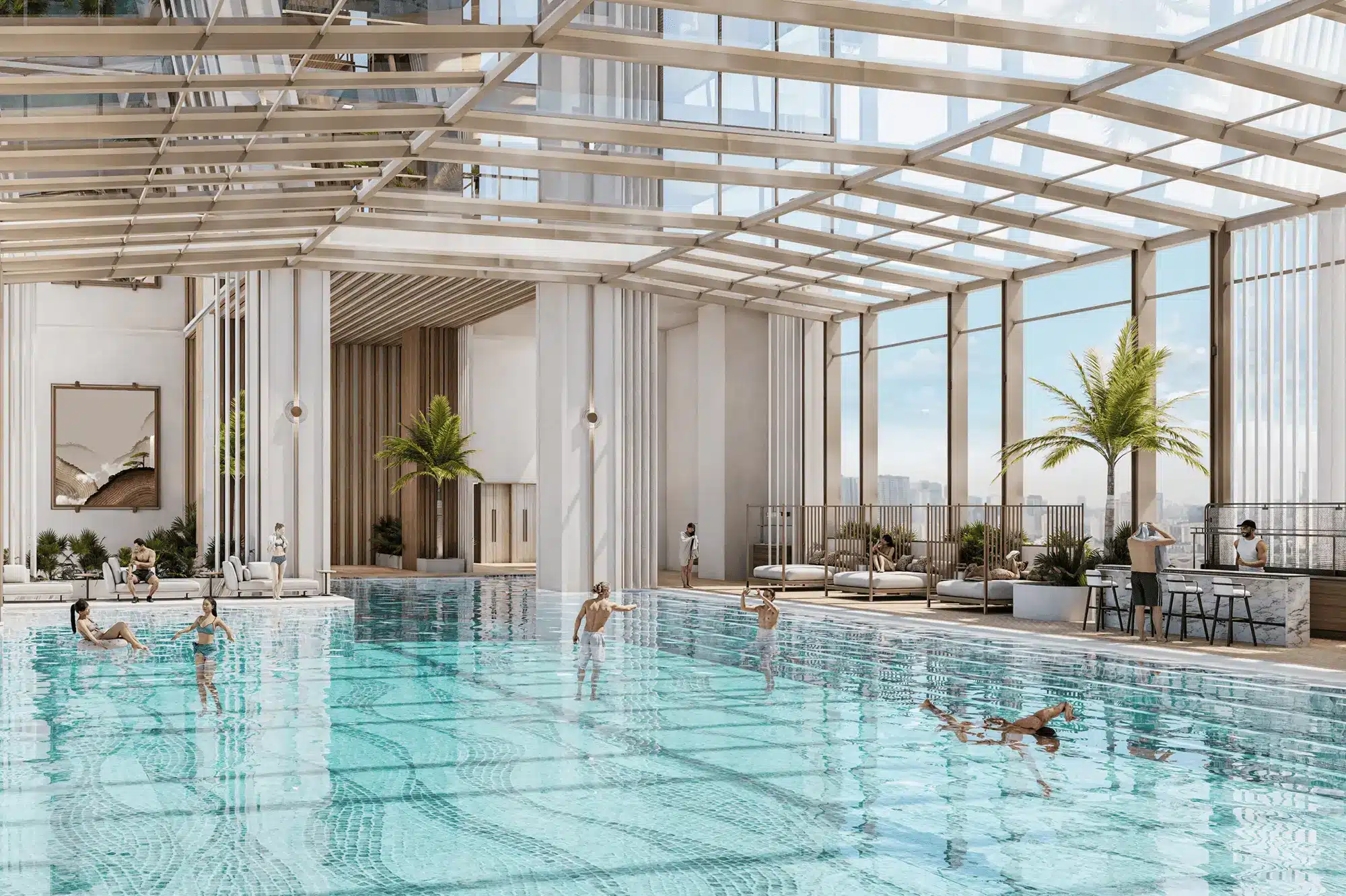 Hồ bơi vô cực dài 50m tại Sun Feliza Suite với thiết kế hiện đại, tạo không gian thư giãn lý tưởng giữa lòng Hà Nội