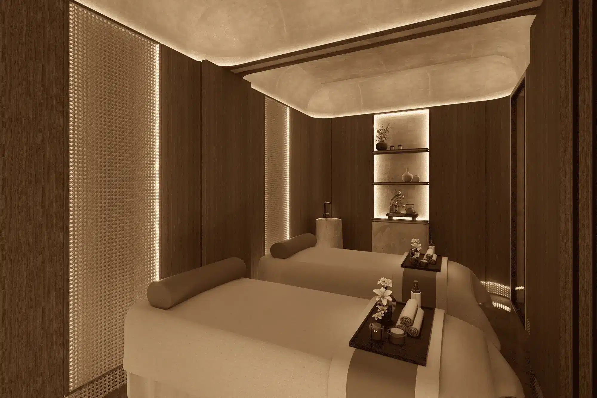 Không gian spa thư giãn với thiết kế gỗ ấm áp tại Sun Feliza Suite, mang đến trải nghiệm chăm sóc sức khỏe đẳng cấp resort