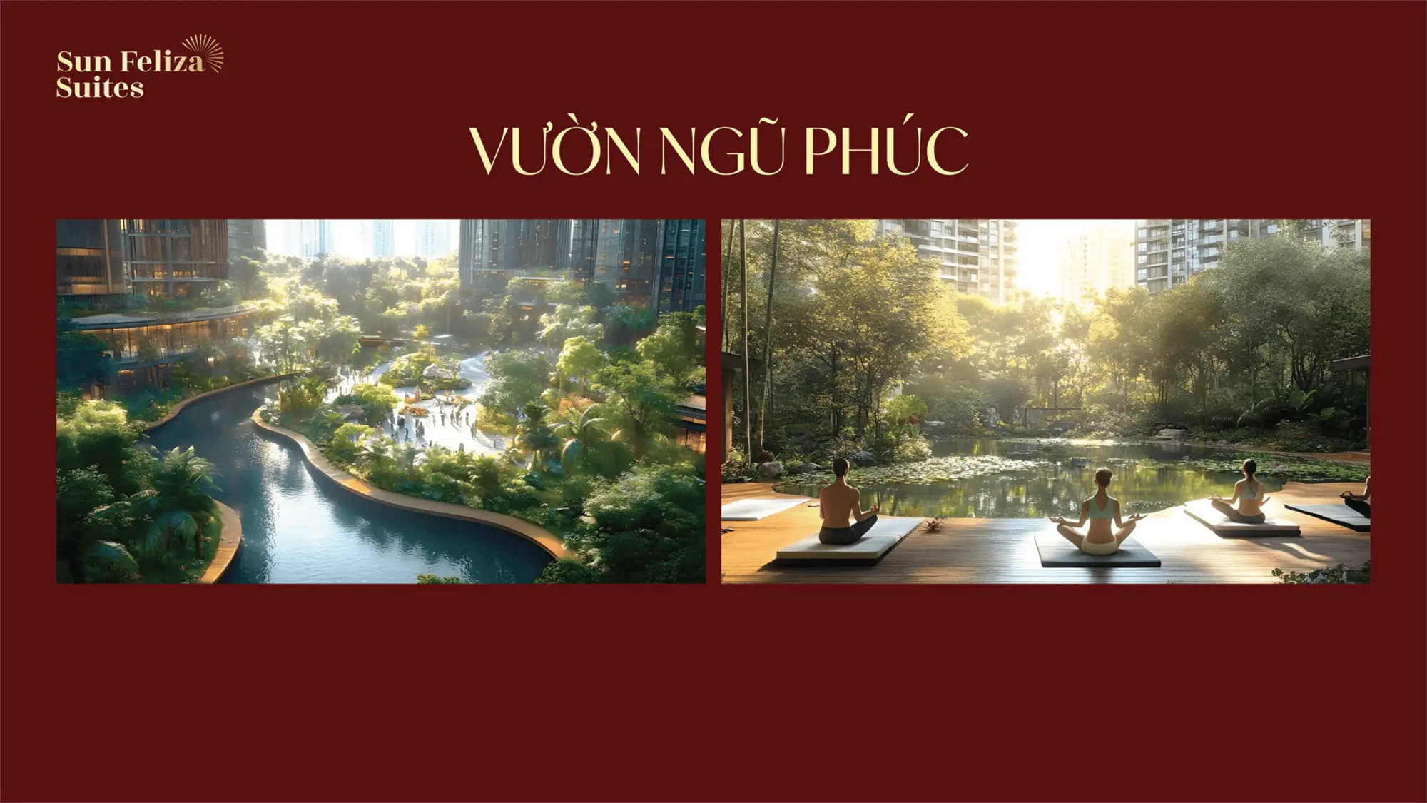 Không gian xanh mát Vườn Ngũ Phúc tại Sun Feliza Suite với yoga ngoài trời và các hoạt động thư giãn giữa thiên nhiên