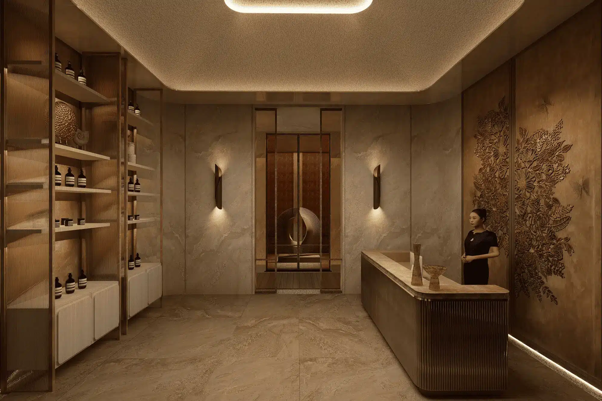 Khu vực lễ tân spa Sun Feliza Suite với thiết kế tinh tế, đội ngũ chuyên viên tận tâm phục vụ mọi nhu cầu chăm sóc sắc đẹp