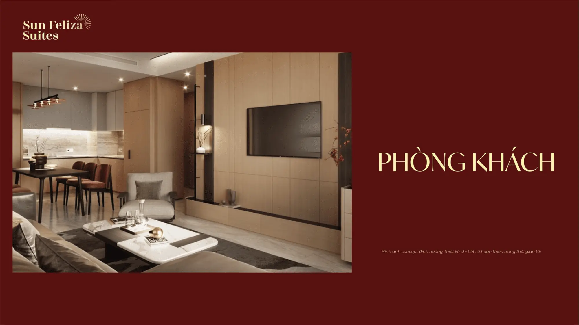 Phòng khách căn hộ Sun Feliza Suite rộng mở, hiện đại với khu bếp mở, bàn ăn và không gian tiếp khách liền mạch