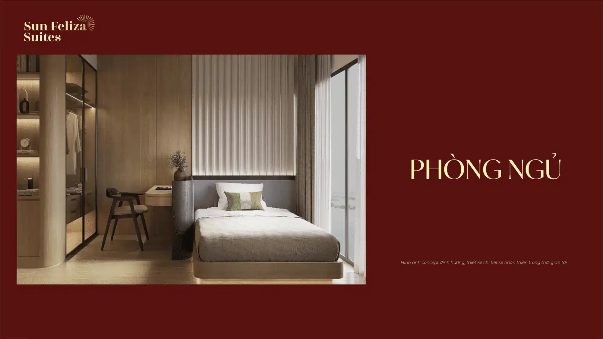 Phòng ngủ master căn hộ Sun Feliza Suites thiết kế tối giản, ấm cúng với tủ âm tường thông minh và ánh sáng LED tinh tế