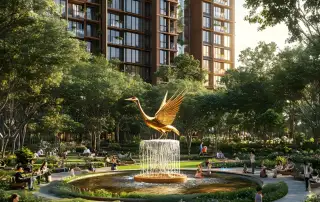 Khuôn viên vườn trung tâm tại Sun Feliza Suites Cầu Giấy, nơi cư dân tận hưởng không gian xanh và tiện ích.