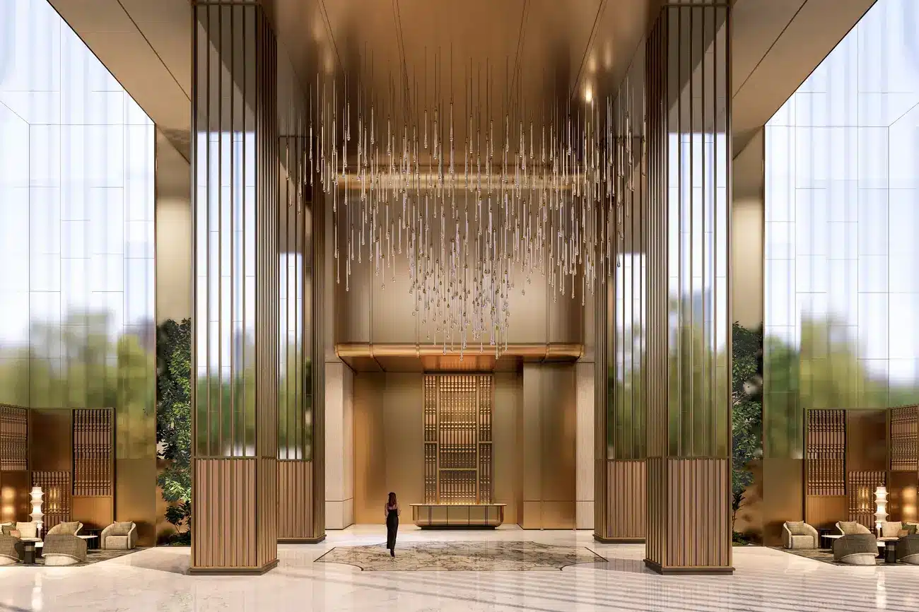 Sảnh cao 14 mét của Sun Feliza Suites mang đến trải nghiệm sống đẳng cấp và sang trọng như khách sạn 6 sao.