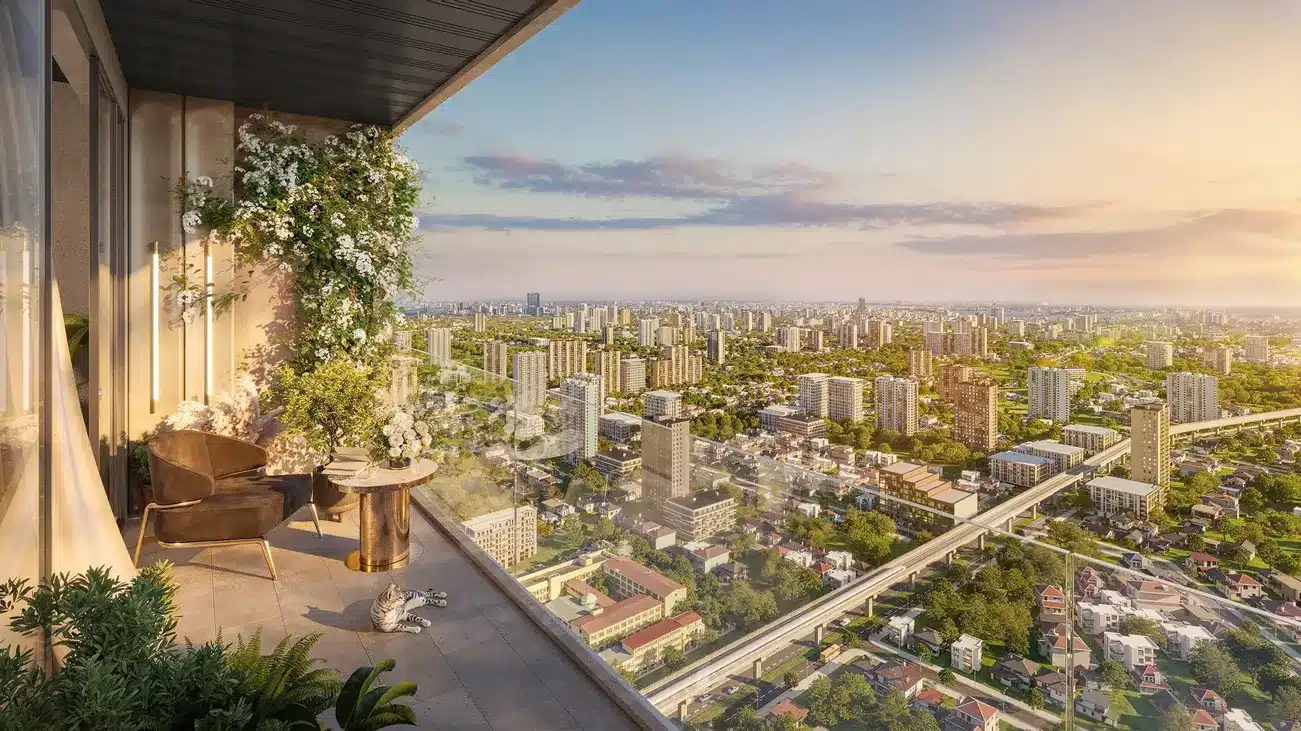 Ban công căn hộ Sun Feliza Cầu Giấy với tầm nhìn toàn cảnh Hà Nội, mang đến không gian sống đẳng cấp và thoáng đãng.
