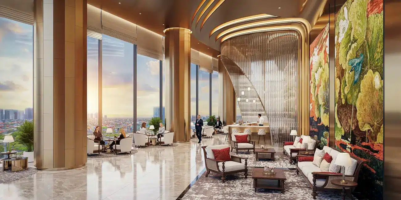 Sảnh chờ tại Dự án Sun Feliza Suites thiết kế sang trọng với nét truyền thống và hiện đại đan xen.