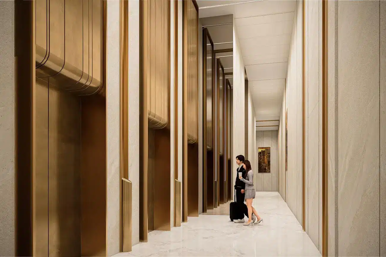Sảnh thang máy ốp đá Marble tại Sun Feliza Suites tạo cảm giác sang trọng, đẳng cấp.